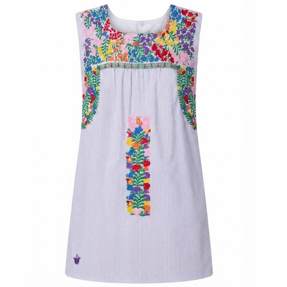J.Marie Seersucker Embroidered Floral Mini Dress Pockets Blue White XS/S